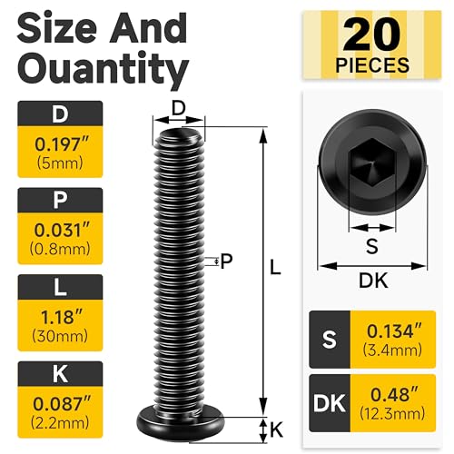 Mywish M5 x 30mm 20Pcs Flat Head Hex Socket Cap Screws Bolts, 304 Stainless Steel Furniture Bolts Full Thread, Black Oxide & Hex Spanner - color: Black-M5, size: 30mm