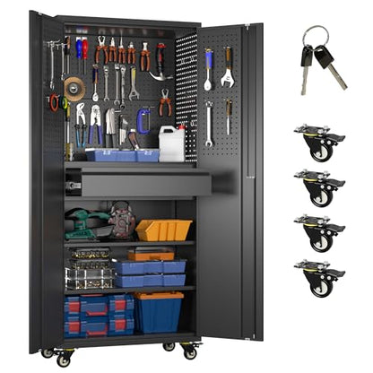 Reemoon 71" Metal Garage Cabinet with Wheels, Drawer and Pegboard - color: Black, size: 15"D x 30"W x 71"H
