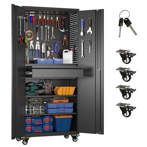 Reemoon 71" Metal Garage Cabinet with Wheels, Drawer and Pegboard - color: Black, size: 15"D x 30"W x 71"H