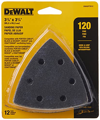 DEWALT DWASPTRI12 Hook and Loop Triangle 120 Grit Sandpaper, 12-Pack, Black