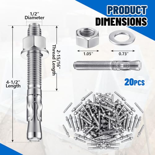 Moxweyeni 20 Pcs 1/2" X 4-1/2" Zinc Plated Wedge Anchors for Concrete - size: 1/2" X 4-1/2"
