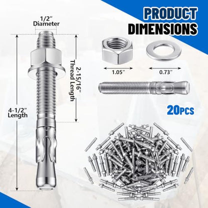 Moxweyeni 20 Pcs 1/2" X 4-1/2" Zinc Plated Wedge Anchors for Concrete - size: 1/2" X 4-1/2"