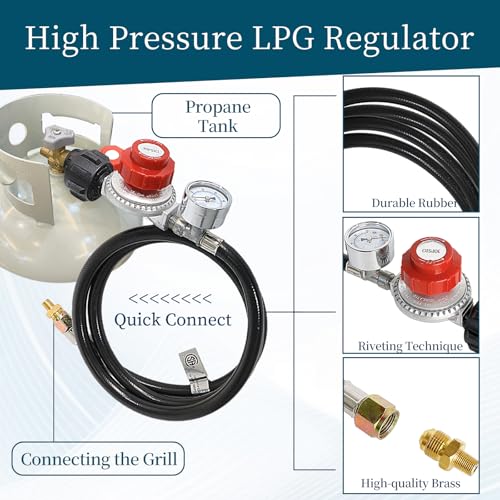 5FT High Pressure Propane Regulator with Gauge - 0-30PSI Adjustable Output - Heavy Duty PVC Hose - for Turkey Fryers, Burners, Smokers & Outdoor Cooking - CSA Certified - size: 5FT Black Hose