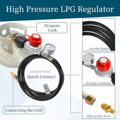 5FT High Pressure Propane Regulator with Gauge - 0-30PSI Adjustable Output - Heavy Duty PVC Hose - for Turkey Fryers, Burners, Smokers & Outdoor Cooking - CSA Certified - size: 5FT Black Hose
