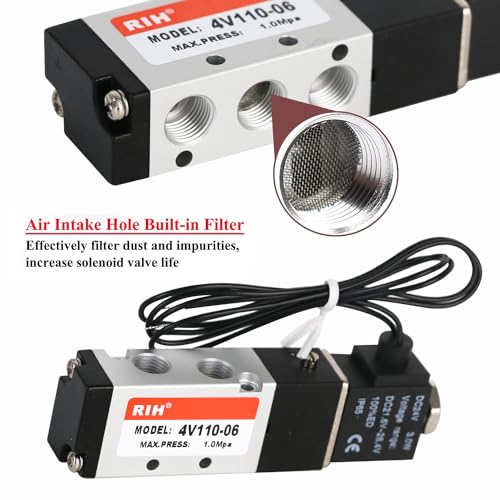 RIH Pneumatics Solenoid Valve 4V110-06 12V/24V/110V Series Single Coil Pilot-Operated Electric 2 Position 5 Way Connection Type (DC24V/Out of line, 1/8"NPT) - size: DC24V/Out of line, style: 1/8"NPT