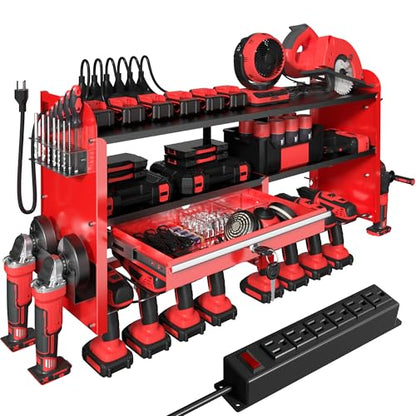 KSVO Power Tool Organizer Wall Mount, Locking Drawers, Charging Shelf, Red - color: Red
