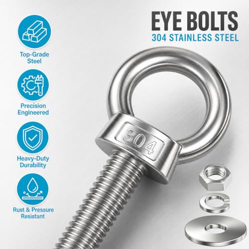 2 Pack M12 Stainless Steel Eye Bolts with Nuts and Washers, 1/2" x 3" Long Lifting Ring Eye Bolt, Heavy Duty Marine Grade 304 Eyebolts for Outdoor String Light Hanging, Tie Down Anchors - size: M12x77mm (1/2"x3")