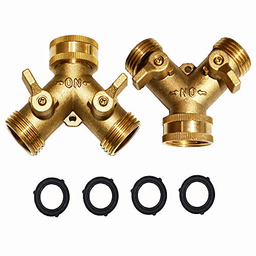 HQMPC 2 Way Hose Y Valve Hose Splitter Garden Hose Y Valve Connectors 2 way shut off valves With Solid Brass Handle Brass Y Valves Water Garden Hose Adapter 3/4"GHT Thread Extra 4 Presure washers - size: 3/4" S