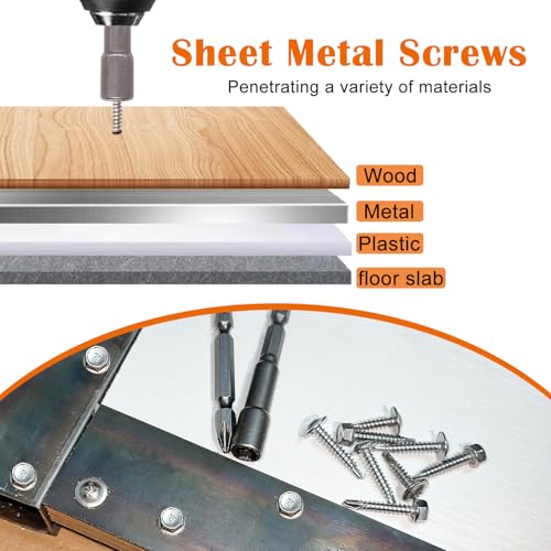 weideer 200pcs #8×3/4" Self Tapping Screws for Metal, 410 Stainless Steel Hex Washer Head Sheet Metal Screws,Quick Tapping Screw with Screwdriver Bit