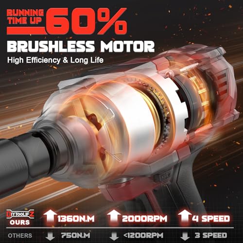 DIYtoolifz Cordless Impact Wrench 1/2 inch Compatible with Milwaukee 18V Battery, 1000 FT-LBS(1360N.m) Electric Impact Gun, High Torque Power Impact Driver with 6Pcs Sockets & Storage Case (Tool Only) - color: Red & Black