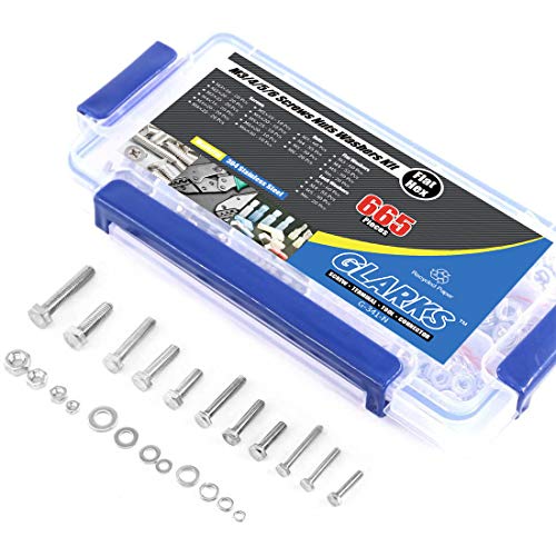 Glarks 665Pcs M3 M4 M5 M6 Stainless Steel Flat Hex Head Screws Bolts Nuts and Flat Gasket Spring Washers Assortment Set - style: Hex head screws
