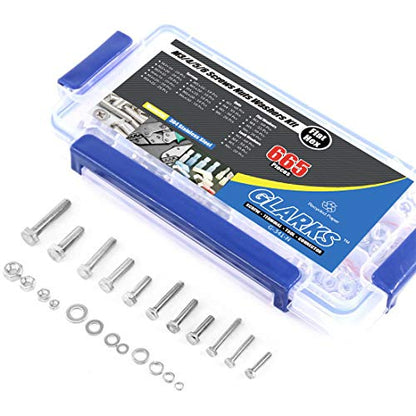 Glarks 665Pcs M3 M4 M5 M6 Stainless Steel Flat Hex Head Screws Bolts Nuts and Flat Gasket Spring Washers Assortment Set - style: Hex head screws