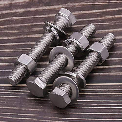 (10 Sets) M8-1.25 x 16mm Hex Bolt Kit, 304 Stainless Steel (18-8), Includes Hexagon Head Screws and Nuts, Flat & Lock Washers, Full Coarse Thread, for Machinery, Automotive, DIY - size: M8 x 16mm