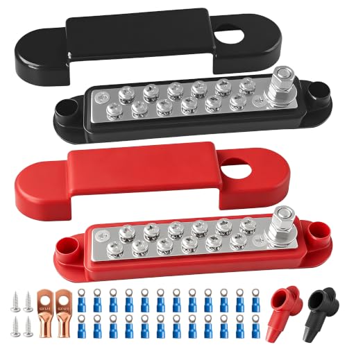 Marine Bus Bars, 1/4-inch Studs and 12#8 Terminal Screws, 12V 150A Power Distribution Ground Bus Bar, Suitable for Marine, Automotive, and Solar Wiring, Red and Biack - color: 2PCS Black & Red
