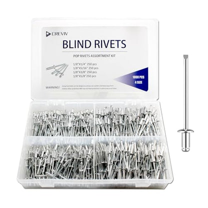 Blind Rivets Assortment Kit, 1000 Pcs, Aluminum Pop Rivets, 1/8" 4 Sizes