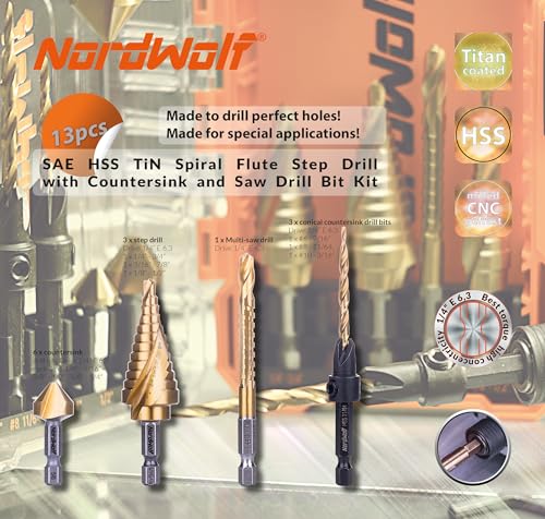13PCS HSS Titanium Step, Countersink, Saw Drill Bit Set with 1/4" Hex Shank - size: 13 pcs