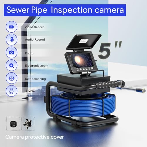 Sewer Camera with self-Leveling & 512Hz Transmitter sonda Drain Snake 164ft Plumbing Inspection Camera 5" Screen DVR Included 16GB TF-Card (165ft) - size: 49M