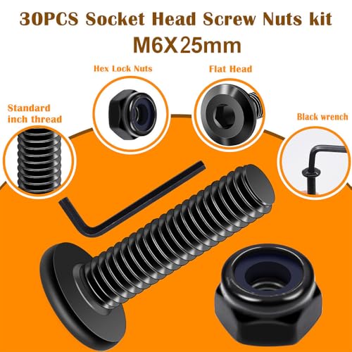 weideer 30pcs M6 x 25mm Nuts and Bolts Kit, Stainless Steel 18-8 (304) Flat Head Hex Socket Cap Furniture Bolts,Nylon Insert Hex Lock Nuts with Hex Spanner - size: M6x25mm, style: Flat Head Hex