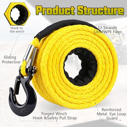 Marsui 3/8" x 100 ft Synthetic Winch Rope Cable Kit, 22000lbs, Yellow - color: Yellow, size: 3/8" X 100 ft
