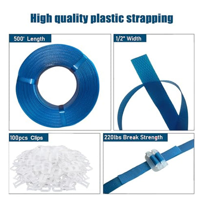 Plastic Packaging Banding Strapping Kit, 1/2" x 500' Polypropylene Straps & 100 Buckles, Blue - color: Blue