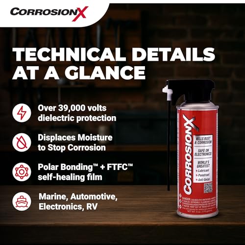 CorrosionX Rust Inhibitor, Industrial-Strength Dielectric Corrosion Prevention, Lubricant & Penetrant for Marine, Automotive, Electronics & RV Use, Protects Bolts, Cables, Engines, Parts, 6oz Aerosol - size: 6oz Aerosol