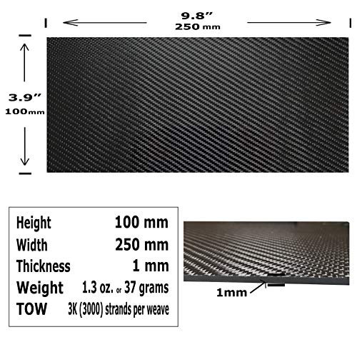 – 250mm x 100mm x 1mm – 100% - Pure Carbon Fiber Laminate Plate Panel – Black - 3K Plain Weave - Glossy Surface – for CNC Machining, Drones, Radio Control Cars, Boats – Nano tech Material - size: 3 - Plates