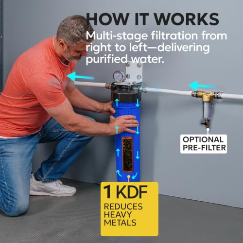 Aquaboon Whole House Water Filter System for Well Water with 20x4.5 KDF Heavy Metals Purification Cartrige | NSF Certified, Pressure Gauges & Releas, Wrench, Bracket 1" NPT - color: 20 Inch, size: Heavy Metals (KDF) Filter