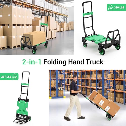 Versatile 2-in-1 Folding Hand Truck Dolly – Collapsible Basket, Retractable Handle, 4 Wheels – Heavy Duty Moving and Shopping Platform, 330 Lb Capacity, Foldable and Compact for Easy Storage - color: Green