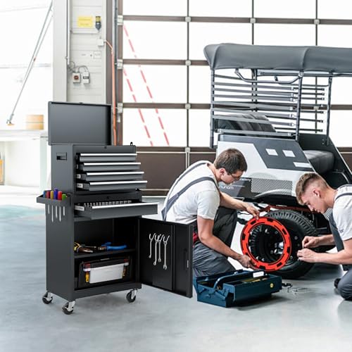 Tool Chest, 5-Drawer Rolling Tool Storage Cabinet with Detachable Top Tool Box, Liner, Universal Lockable Wheels, Adjustable Shelf, Locking Mechanism, Metal Tool Cart for Garage Workshop - color: 5-drawer Black-b