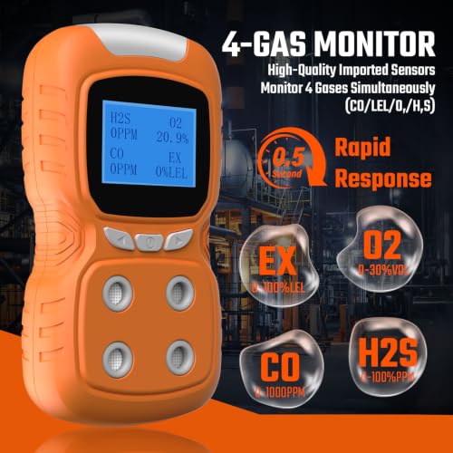 Portable 4 Gas Monitor, Multi Gas Detector for H2S, O2, CO & LEL, Rechargeable Gas Leak Detector with LCD Display, Audible, Visual & Vibration Alarms - color: Orange