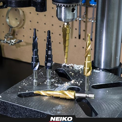 NEIKO 10626A Step Drill Bit, 2 Steps 7/8" to 1-1/8" Straight High Speed Steel, Titanium Nitride Coated, 3/8" Tri-Flat Step Bits for Steel, Metal, Wood, Plastic, Unibit Cone Drill Bits, Two Flute - size: #9 (7/8 - 1-1/8", 2S), style: Straight