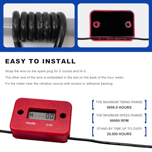 Sun Walker 2PCS Inductive Hour Meter, Waterproof Hour Meter Automatically Shutdown Hr Counter, Digital LCD Hourmeter Maintenance Reminder for Gas Engine Powered Motorcycle Snowmobile (Black+Red) - color: Black+Red