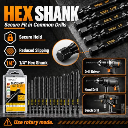 12Pcs Wide-Tip Masonry Drill Bit Set & Concrete Drill Bit Set, 5/32"-1/2" - size: 12 pcs 5/32"-1/2" Masonry Drill Bit Set