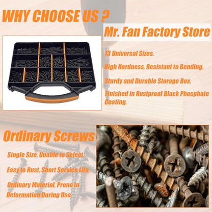 1000PCS Wood Screws Assortment Kit, Drywall Screws, Assorted Wood Screws, Phillips Flat Head Wood Screws, Screws Assortment, 13 Sizes (2-3/4'', 2'', 1-1/2'', 1-1/4'', 1'', 3/4'', 5/8'') - size: 13 Sizes - 1000PCS