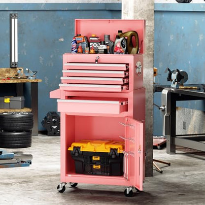 Crownland 5-Drawer Rolling Tool Chest with Wheels, Pink - color: Pink, style: 5-Drawer Rolling Tool Chest
