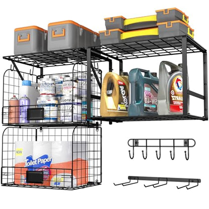 ThreeHio Garage Shelf Wall Mounted with Wire Baskets, Heavy Duty Garage Wall Shelving with Garden Tool Rack and Hooks, Wire Shelf Baskets Tool Organizer for Home Garden Yard Organization and Storage