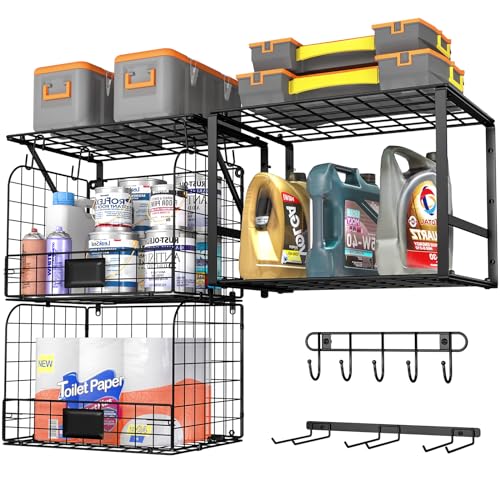 ThreeHio Garage Shelf Wall Mounted with Wire Baskets, Heavy Duty Garage Wall Shelving with Garden Tool Rack and Hooks, Wire Shelf Baskets Tool Organizer for Home Garden Yard Organization and Storage