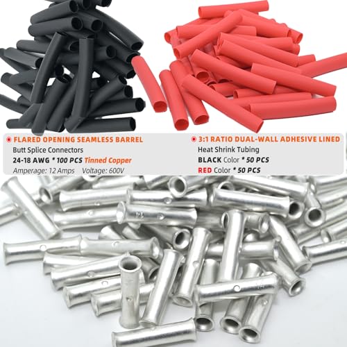 SVAAR 24-18 Gauge Flared Barrel Butt Splice Connectors Kit 100PCS 24-18 AWG Non-Insulated Butt Connectors Tinned Copper Flared Compression Butt Splices Crimp Butt Terminals+100PCS 3:1 Heat Shrinks - color: Tinned Copper