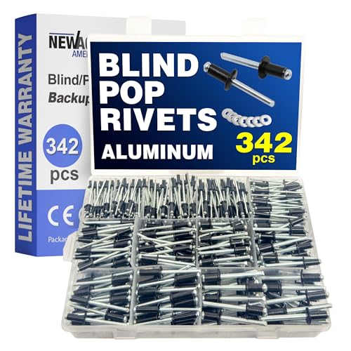 New Age America® 342pcs Blind Pop Rivets & Backup Washers | 3/32" to 1/4" | Black | 14 Sizes | SAE Size Aluminum Rivets & 304 Stainless Steel Backup Washers | Rivet Kit w Steel Mandrel | Labelled Case - color: Black, size: 342 PCS Rivets & Washers