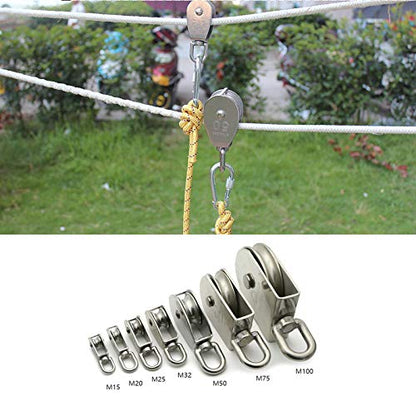 1-Pack M20 Single Pulley Block Stainless Steel Heavy Duty Hardware Single Wheel Swivel Rigging Lifting Wheel Fixed Pulley for Wire Rope Loading 75kg - size: 1-Pack M20