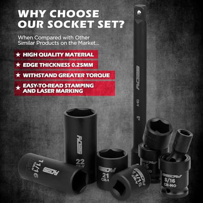 71-Piece 3/8" Drive Master Impact Socket Set, SAE and Metric, 5/16"- 3/4", 8mm - 22mm, Cr-V, Cr-MO, Universal Joint Deep Standard Sockets with Ratchet Handle, Swivel Sockets, Extension Bars, Adapters - size: 71 PCS 3/8"Drive Master