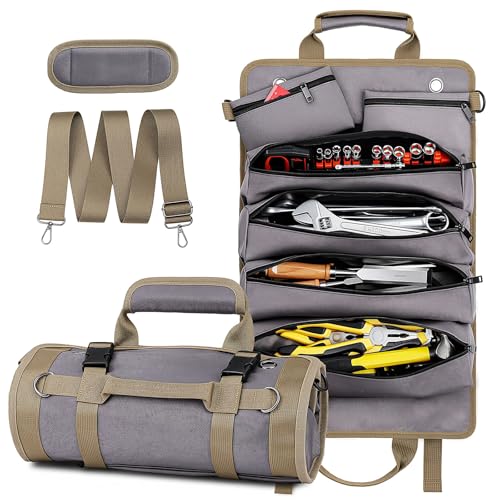 Tool Roll Up Bag, 1680D Heavy Duty Tool Bag Organizer with 2 Detachable Tool Pouches & Multiple Pockets, Waterproof Motorcycle Tool Roll for Mechanic & Electrician, Gift for Men Him Dad, 21.9"*13.8" - color: Grey