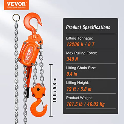 VEVOR Manual Lever Chain Hoist, 6 Ton 13200 lbs Capacity 20 FT Come Along, G80 Galvanized Carbon Steel with Weston Double-Pawl Brake, Auto Chain Leading & 360° Rotation Hook, for Garage Factory Dock - size: 6 Ton 20FT