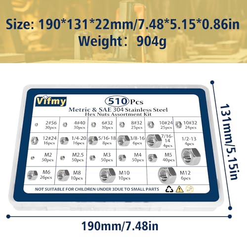 SAE & Metric Hex Nut Assortment Kit 510Pcs Stainless Steel - size: SAE&Metric-510