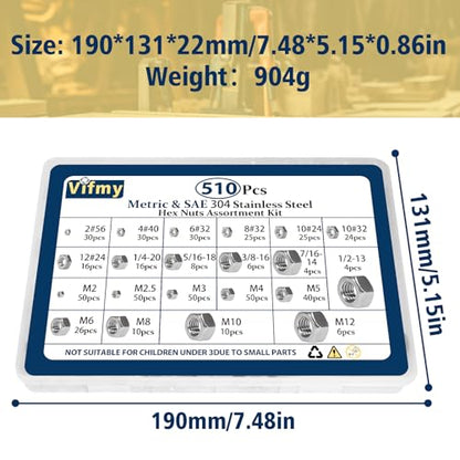 SAE & Metric Hex Nut Assortment Kit 510Pcs Stainless Steel - size: SAE&Metric-510