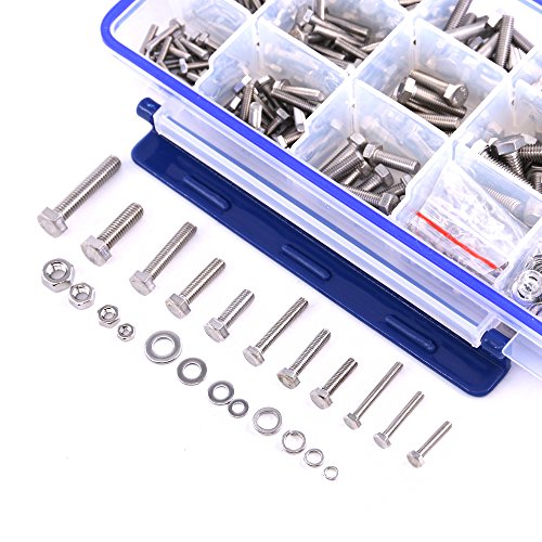 Glarks 665Pcs M3 M4 M5 M6 Stainless Steel Flat Hex Head Screws Bolts Nuts and Flat Gasket Spring Washers Assortment Set - style: Hex head screws