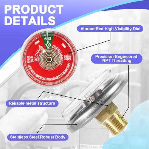 5PCS 100 PSI Pressure Gauge, 1/8" NPT Thread, Red Dial Fire Extinguisher