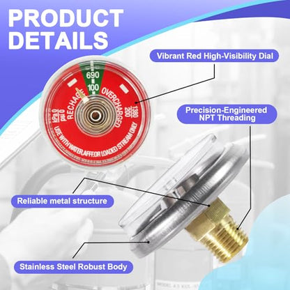 5PCS 100 PSI Pressure Gauge, 1/8" NPT Thread, Red Dial Fire Extinguisher