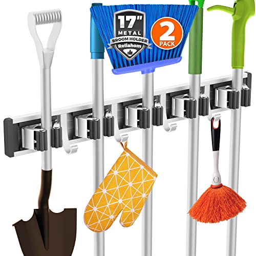 reliahom Broom Holder Wall Mount Mop Hanger Tools organizer 5Racks4Hooks,2P - color: Black