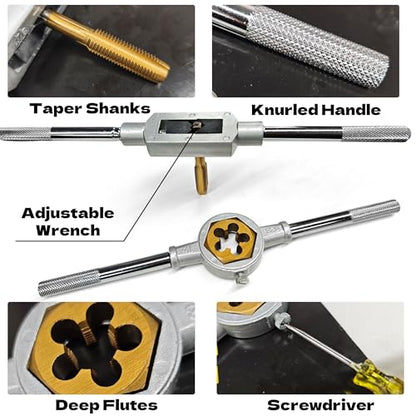 KJE 86PCS SAE & Metric Tap and Die Set (#4 to 5/8”, M3 to M16), Tap Set and Die Tool Set, Coarse and Fine Threading Rethreading Tool Kit with Holders, Gauges, for Internal and External Threading
